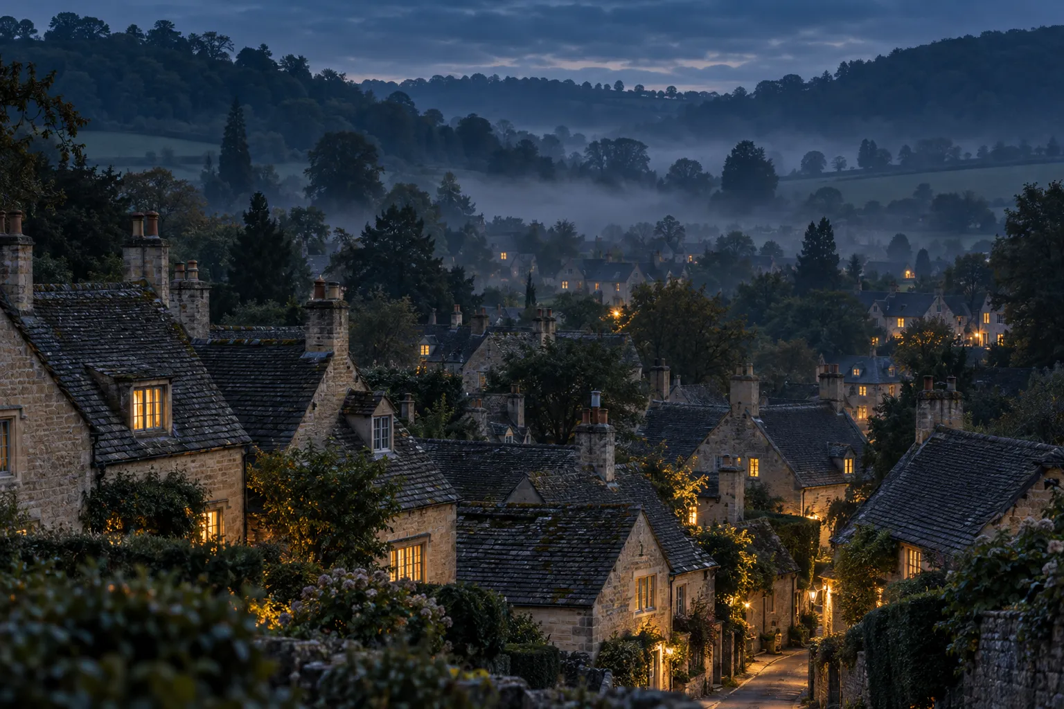 The roofs and chimneys of a stone village in a valley in evening mist