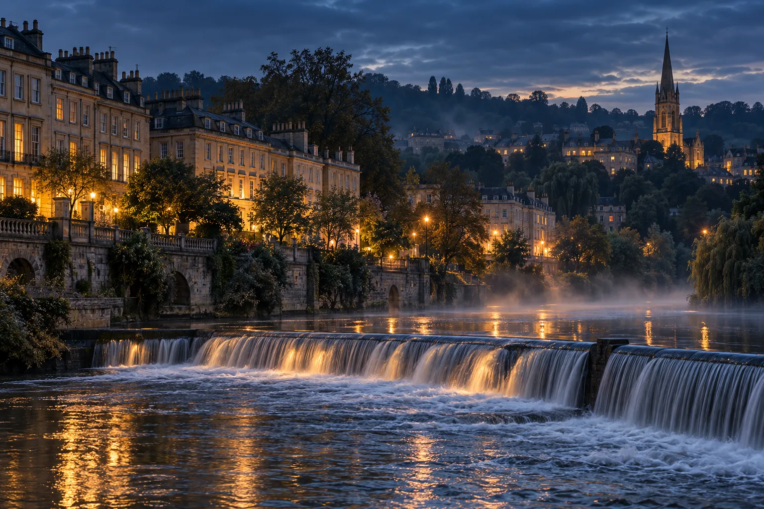 A river weir below stone buildings at blue hour, the water catching lamplight