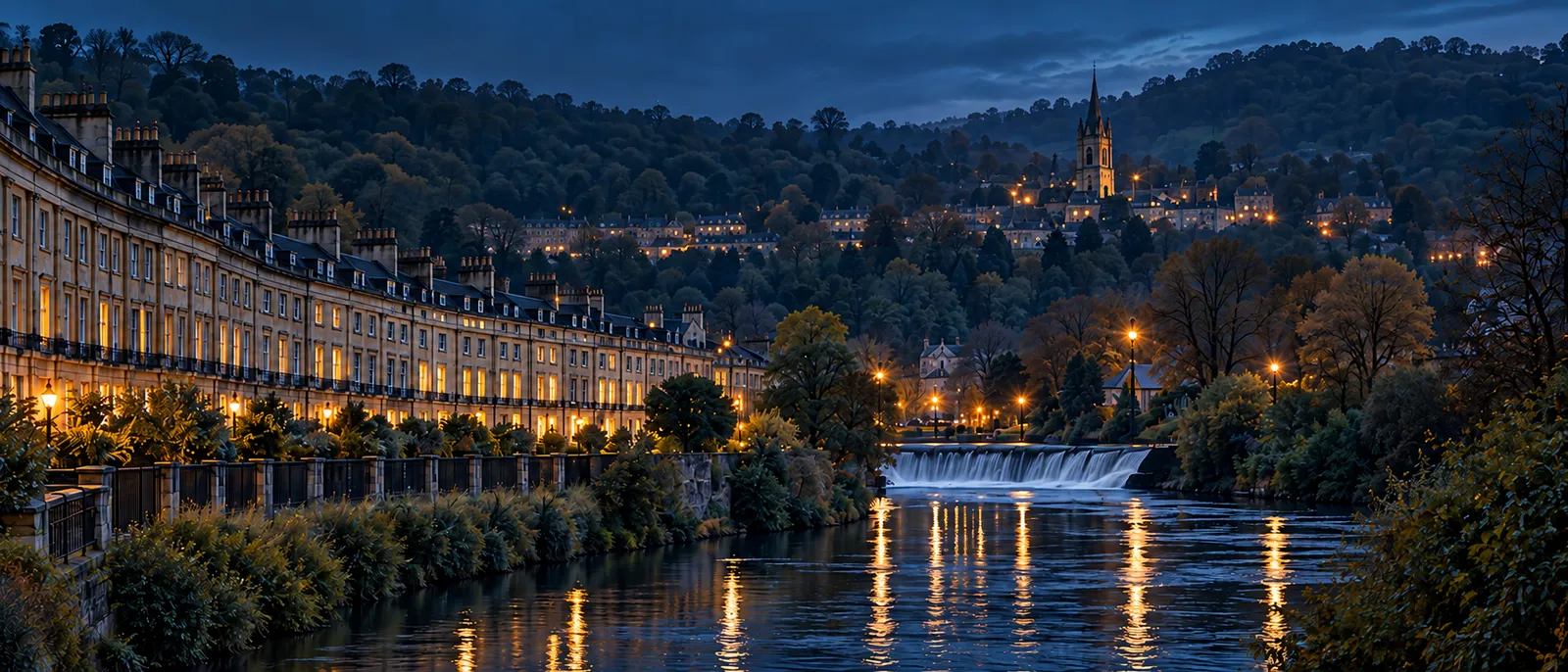 Bath at blue hour: a lit Georgian crescent, wooded hills with a spire and a river weir glowing in the foreground