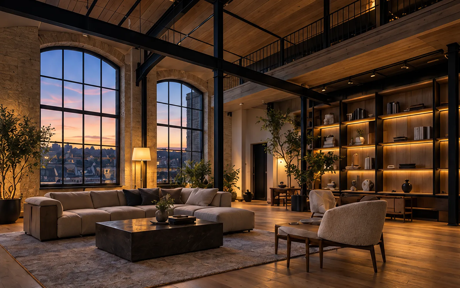 A top-floor loft with tall arched windows, steel beams under a timber ceiling, a cream sofa and a lit shelving wall
