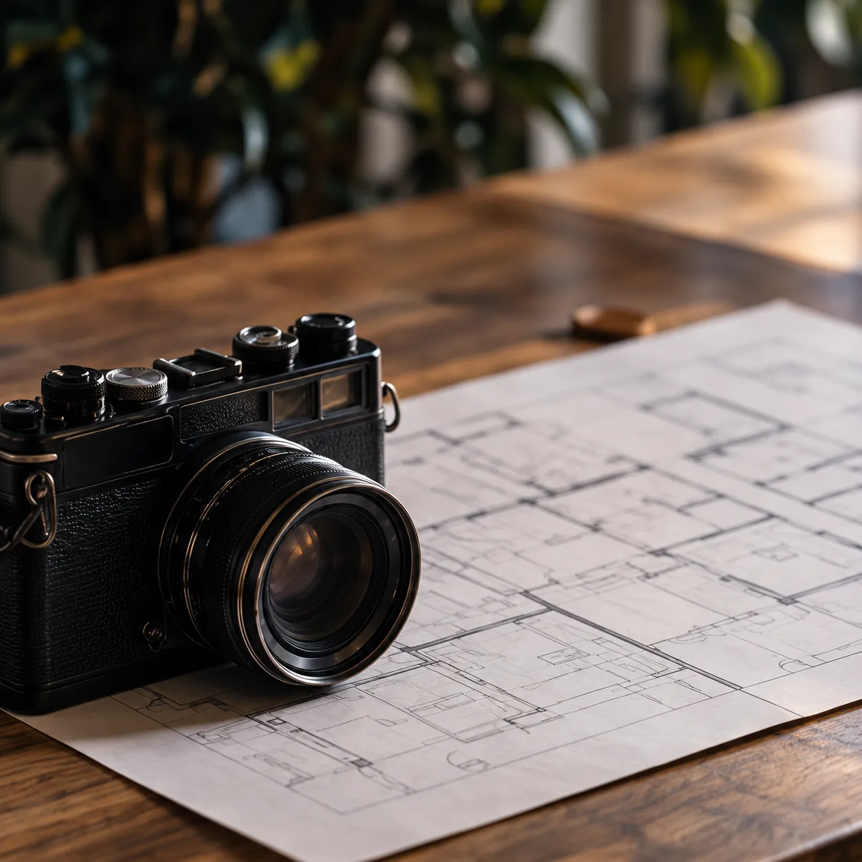 A black camera resting on a floor plan drawing on an oak table
