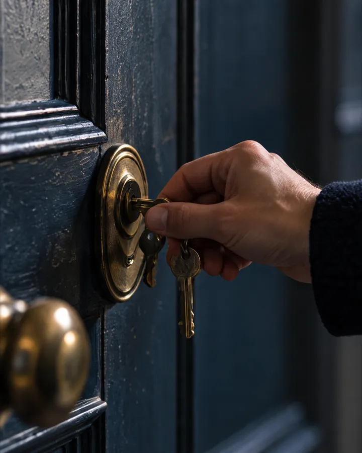 A hand turning a brass key in a dark panelled front door