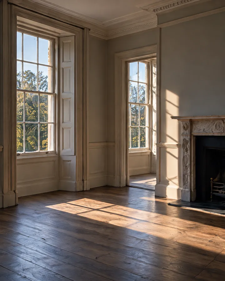 An empty Georgian room with tall sash windows, a marble fireplace and a patch of sun on the floorboards
