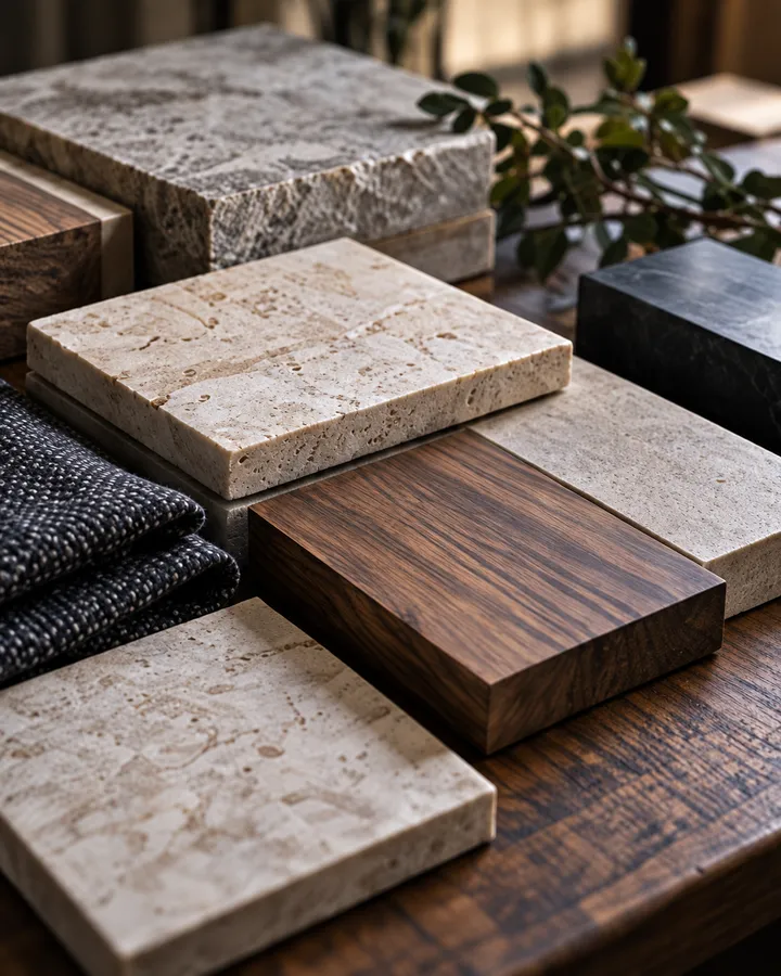 Squares of limestone, travertine, walnut and woven fabric fanned out on a builder's table