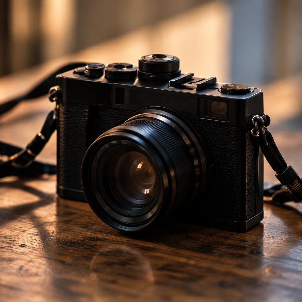 A black camera with its strap coiled beside it on a timber surface