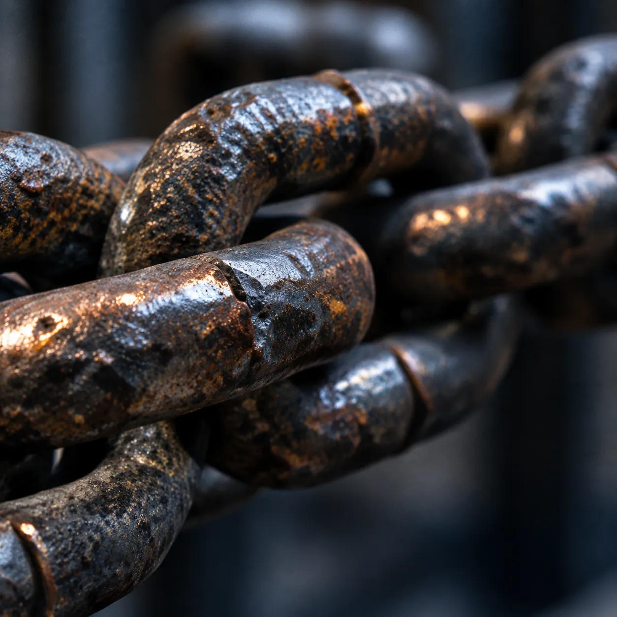 Heavy old iron chain links catching warm light