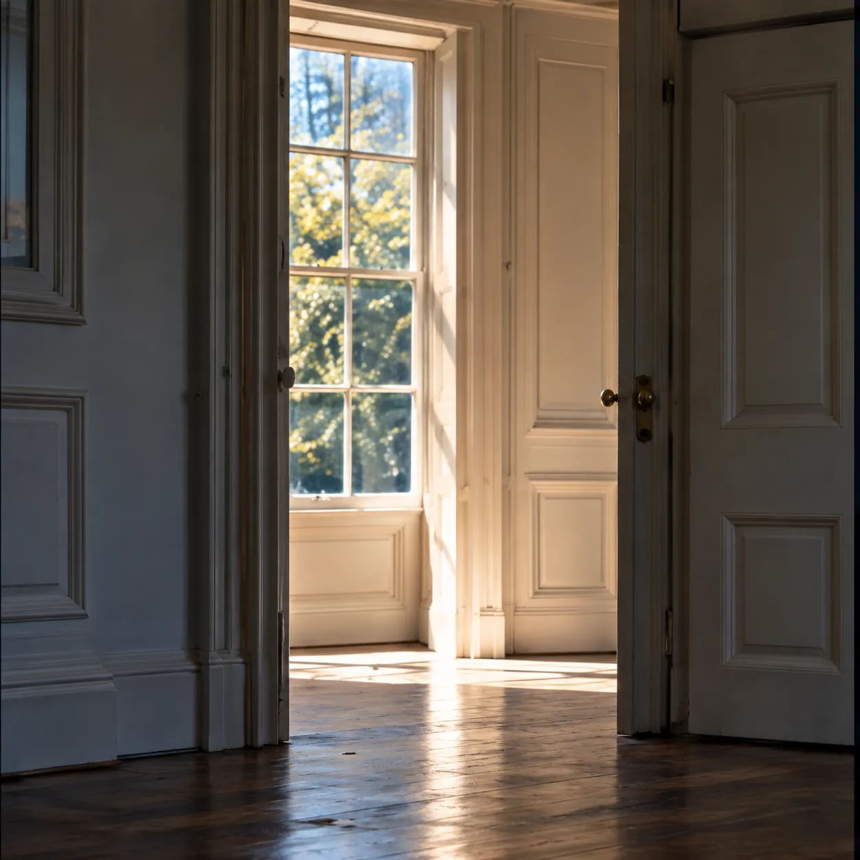 An open panelled double door in a pale hallway, daylight falling through a tall window beyond