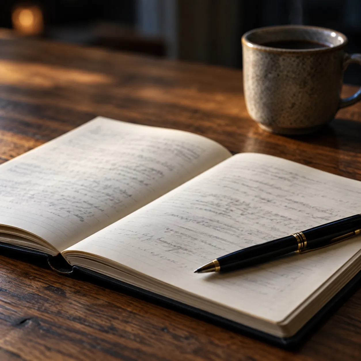 An open notebook, a pen and a stoneware cup on an oak table
