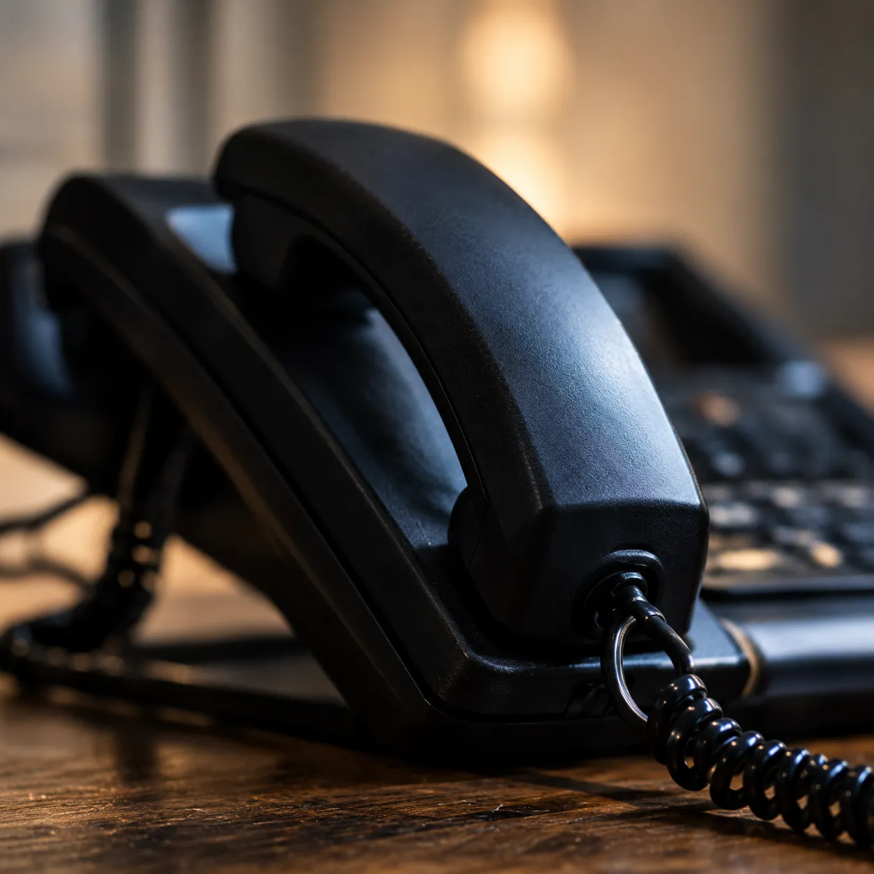 A black desk telephone on its cradle with a coiled cord