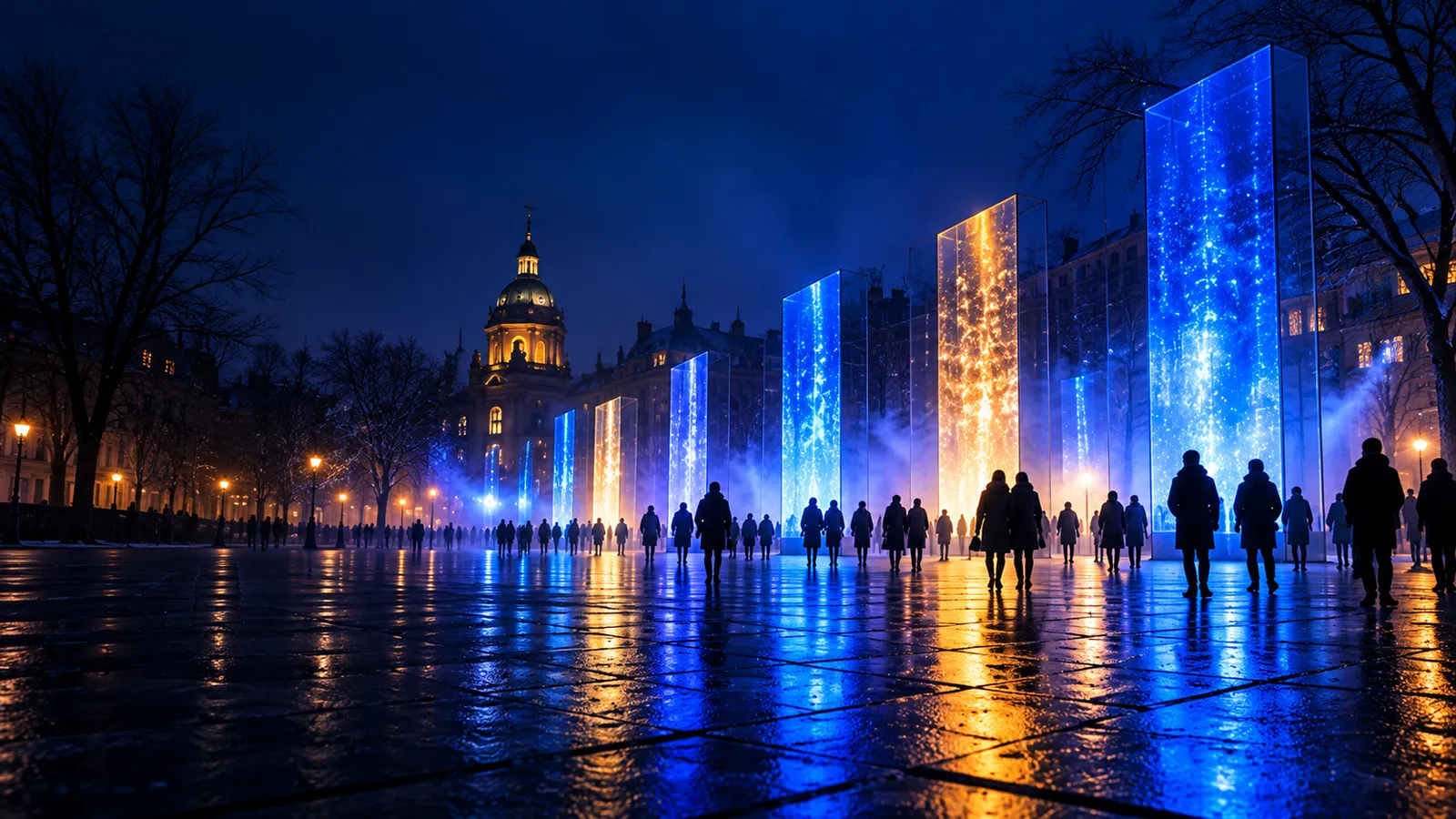 Silhouetted visitors walking between glowing blue light pillars on a wet city square at night