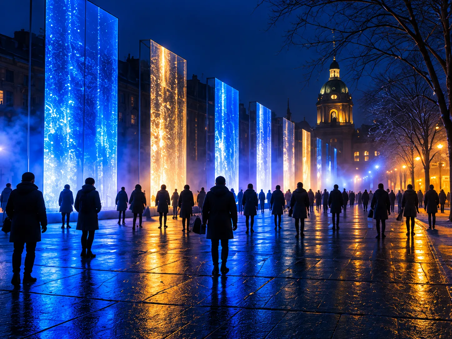 Visitors walking between tall glowing blue light pillars in a city square at night