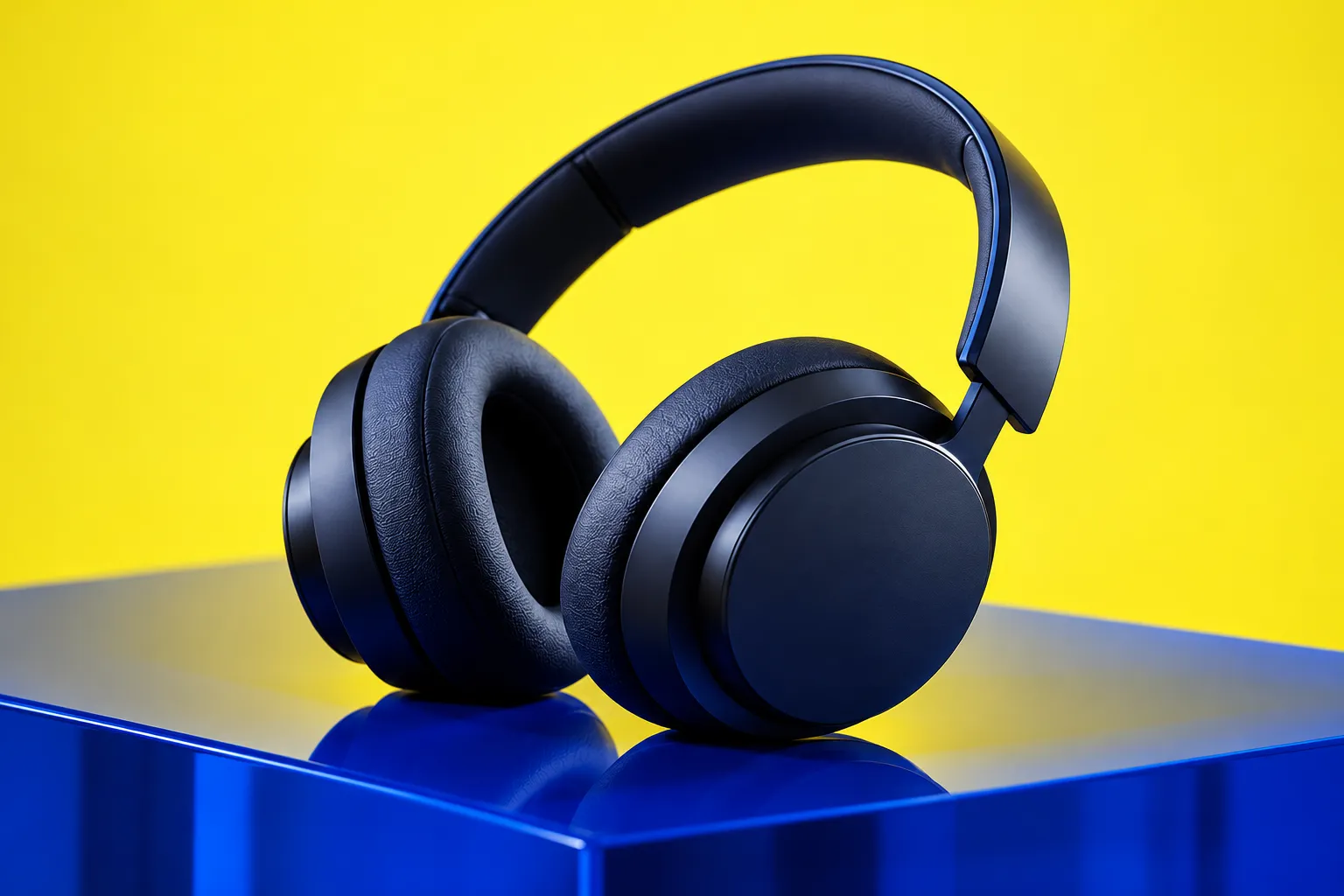 Matte navy over-ear headphones on a glossy cobalt block against a lemon-yellow backdrop