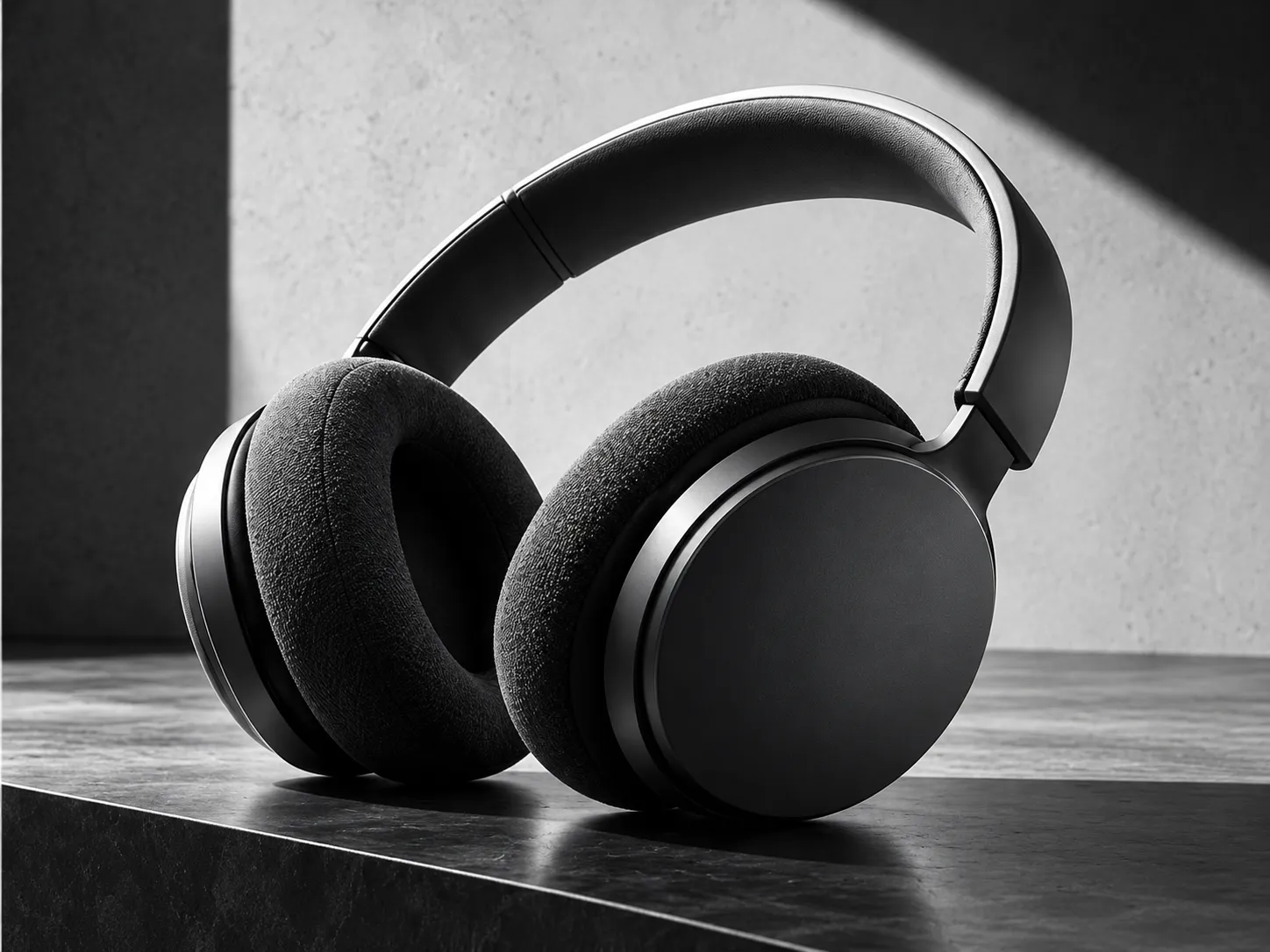 Black-and-white still of over-ear headphones in a diagonal shaft of light
