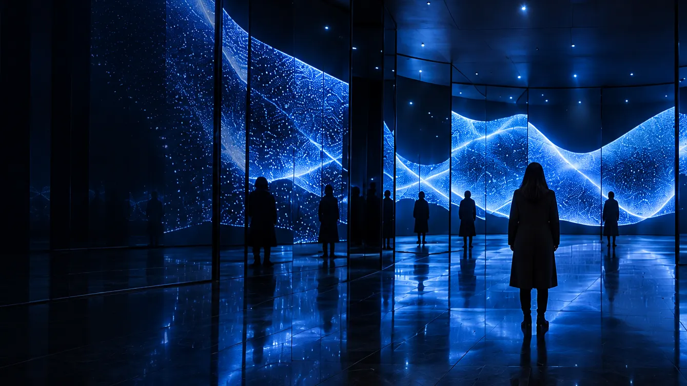 A lone visitor in a dark circular gallery whose curved walls flow with blue waves of light
