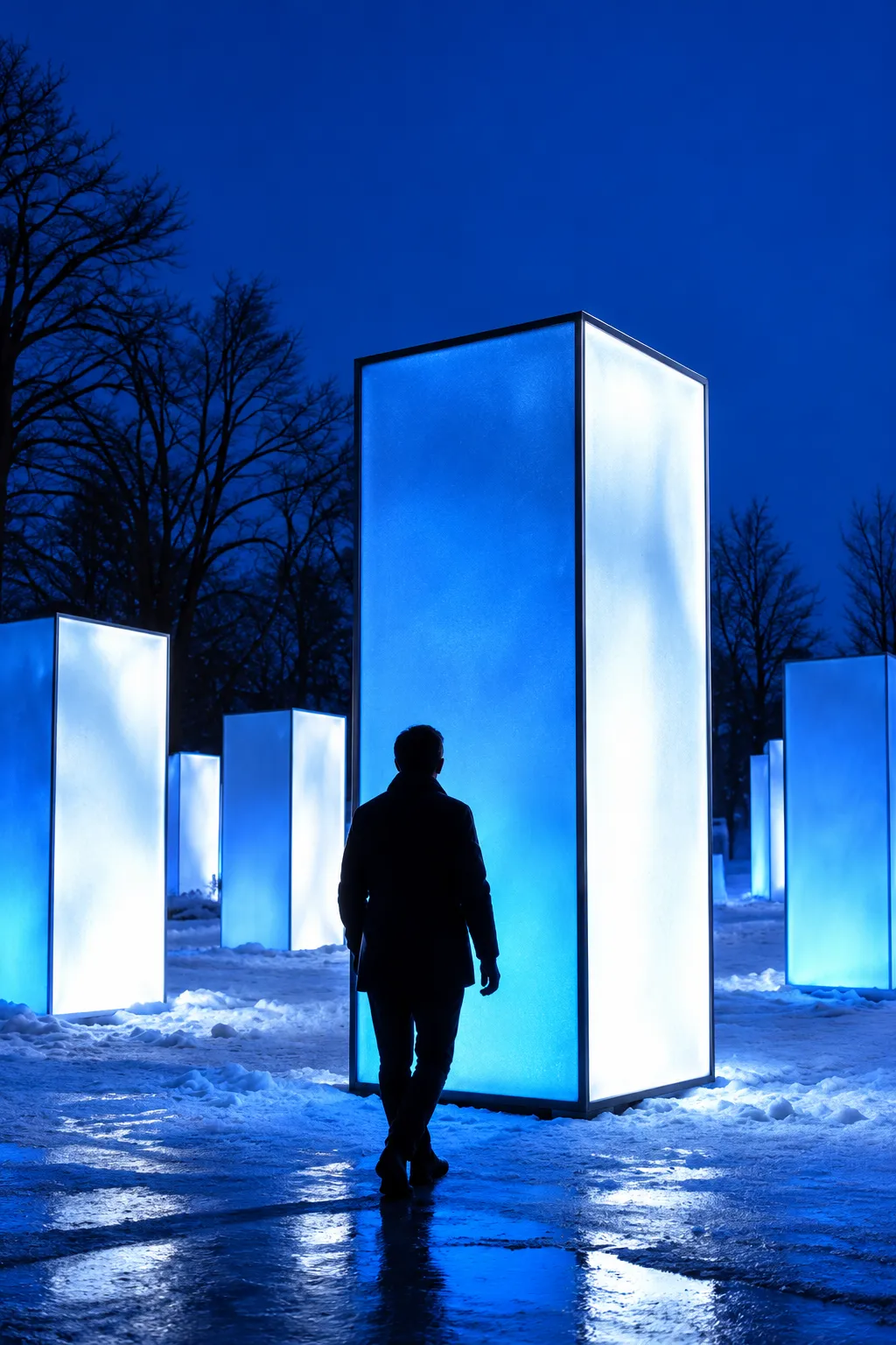 A person walking past a glowing blue light pillar in the snow at night