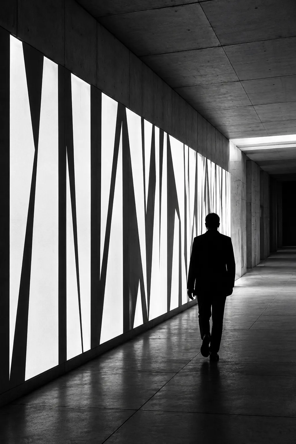 A lone figure in a dark corridor lit by tall white projected bars