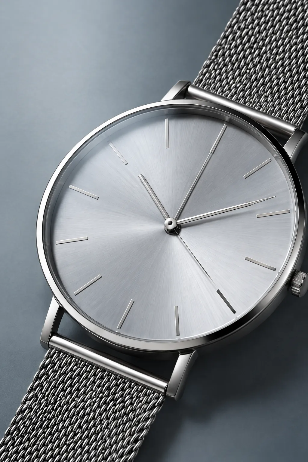 Close-up of a silver watch with a mesh strap on pale grey