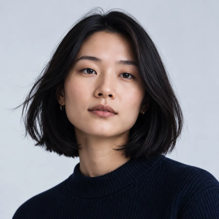 Portrait of Amara Chen with shoulder-length dark hair, in a black sweater