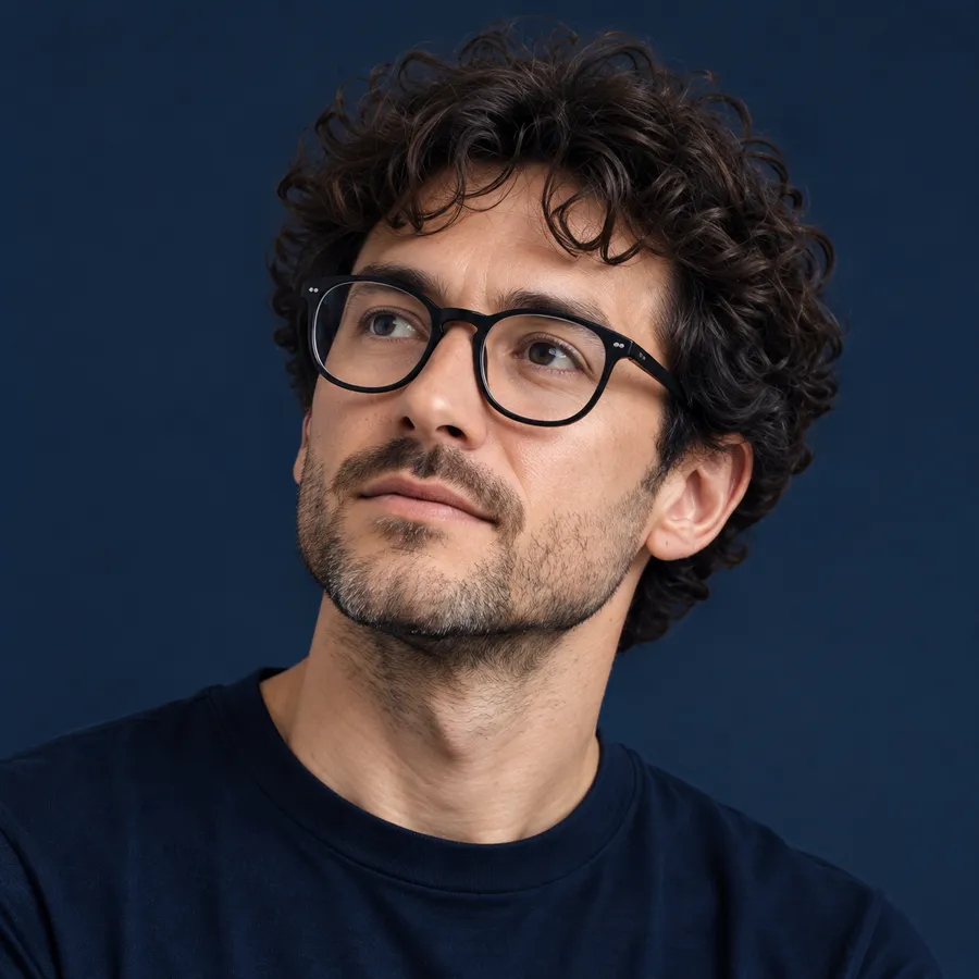 Portrait of Felix Brandt with curly hair and glasses against a navy wall