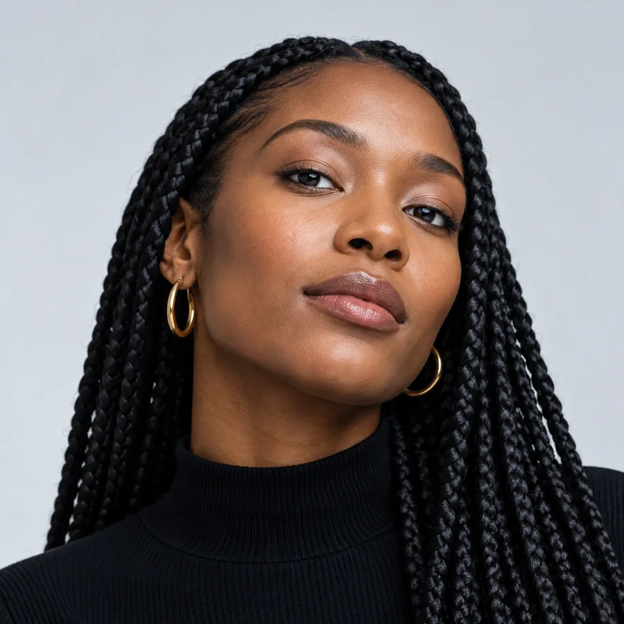 Portrait of Ines Okafor with long braids, in a black top against a pale grey wall