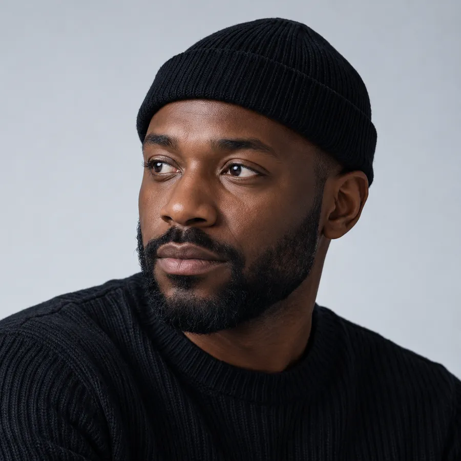 Portrait of Jonah Adeyemi in a black beanie and knit, looking to the side