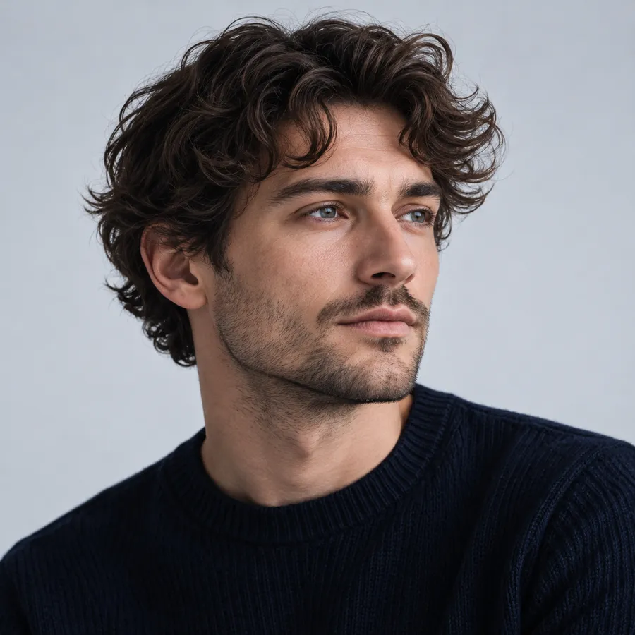 Portrait of Luca Moreau with dark curly hair, in a navy sweater