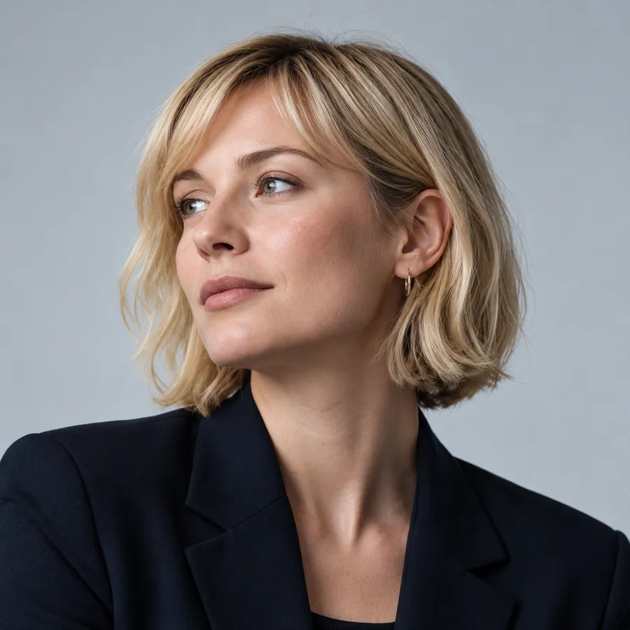 Portrait of Mara Lindqvist with a blonde bob, in a black blazer