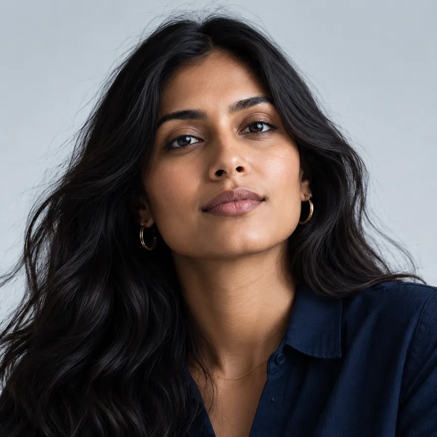 Portrait of Priya Raman with long dark hair, in a navy shirt against a pale grey wall