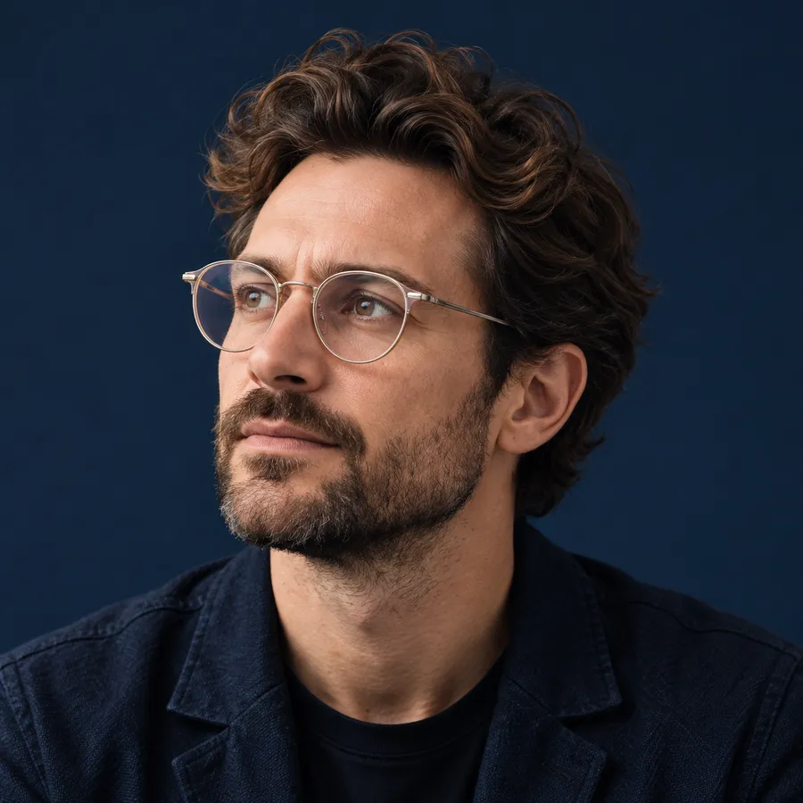 Portrait of Theo Marchetti in round glasses and a dark jacket against a navy wall