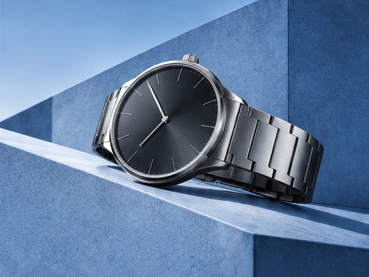 A minimalist steel watch with a dark grey dial resting on a pale blue concrete ledge
