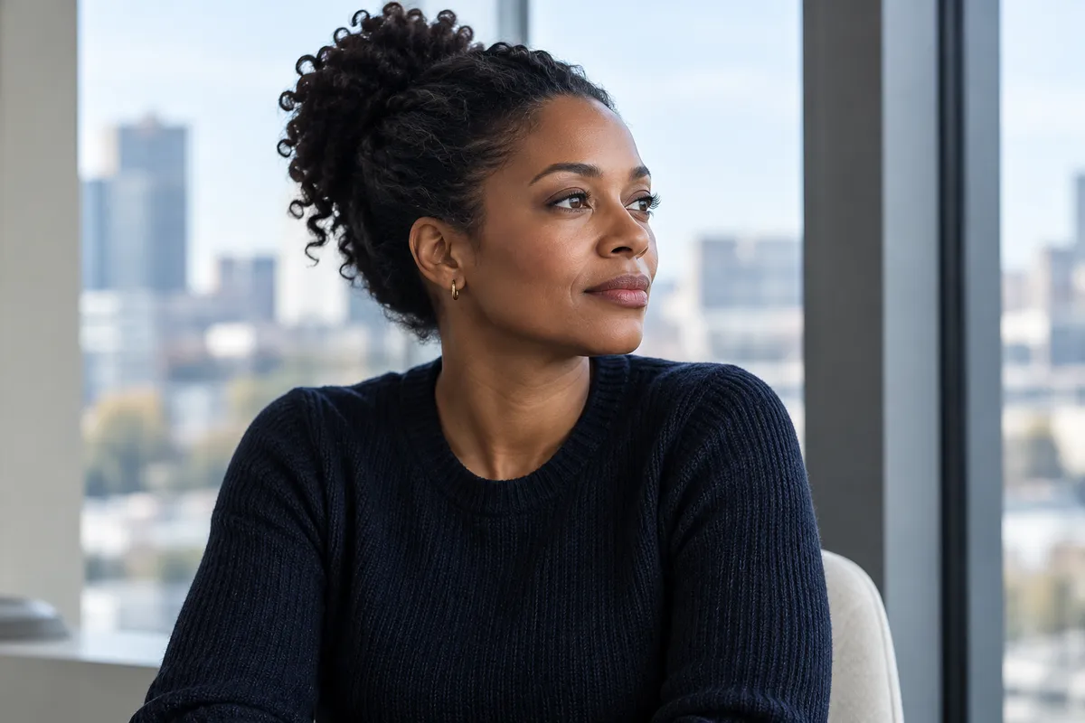 Amara Okafor in a navy knit, her hair up, looking out of a tall window over the city