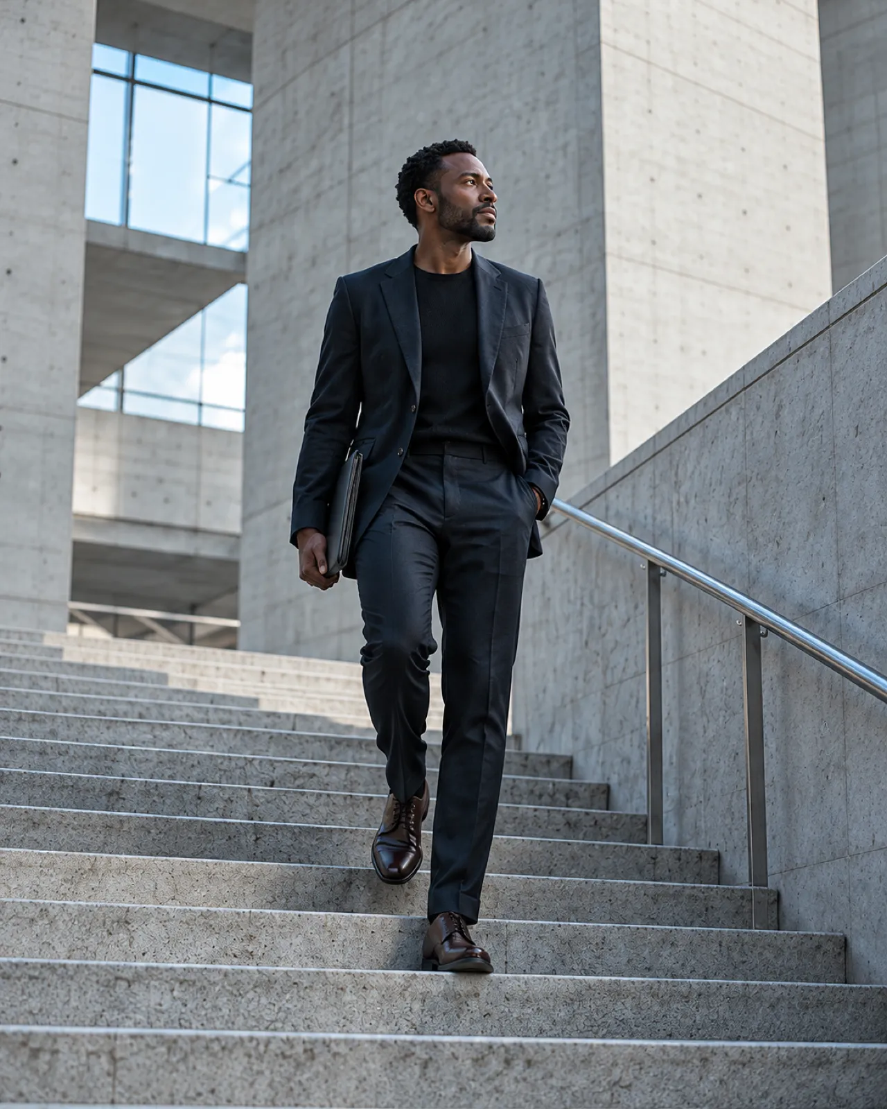 A man in a dark suit walking down a wide concrete stair with a steel handrail, a dark folio under his arm