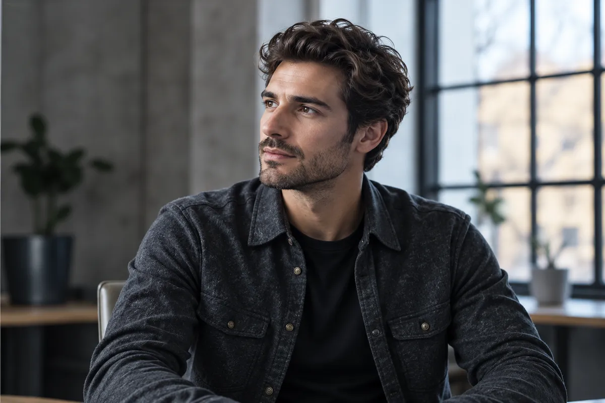 Daniel Reyes in a slate overshirt, seated in a studio with large steel-framed windows