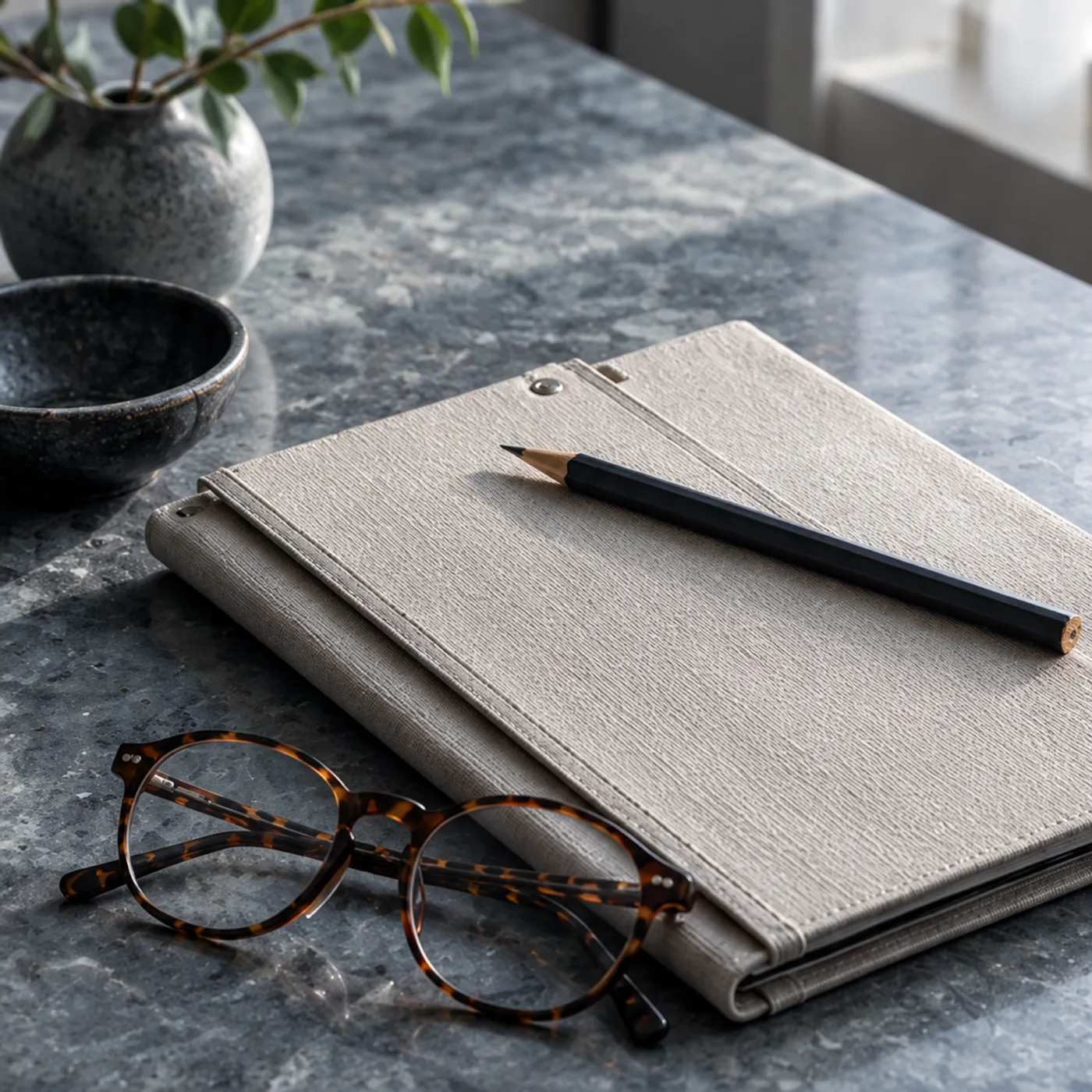 A grey linen folder, a pencil and folded tortoiseshell reading glasses on a blue-grey stone desk, a small stone vase behind