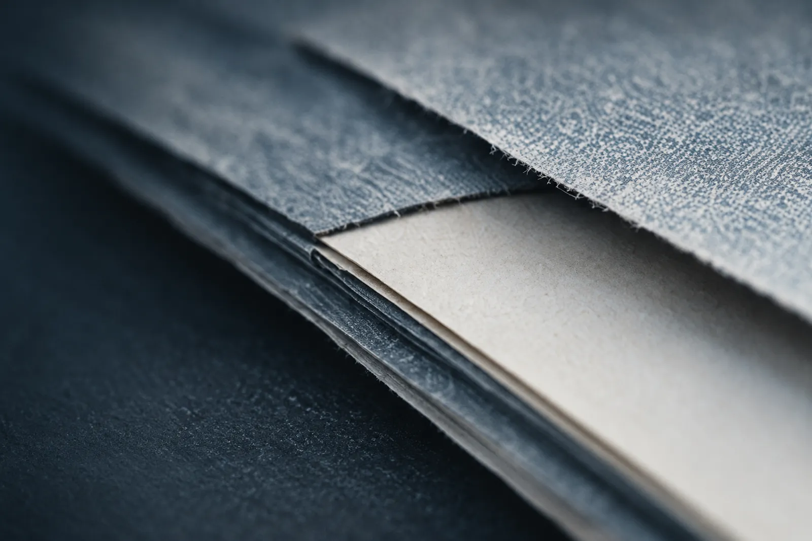 Layered blue-grey paper and card edges, one cream sheet among them, in deep shadow