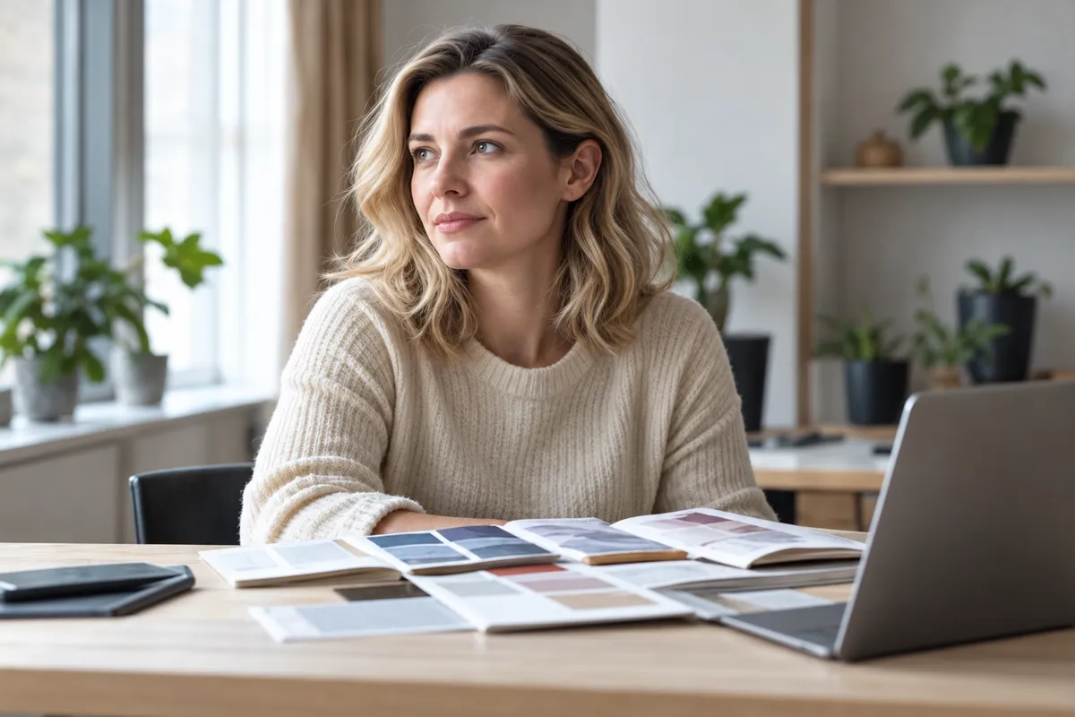 Sofia Lindqvist in a cream knit at a design desk with paper swatches, shelves and plants behind her