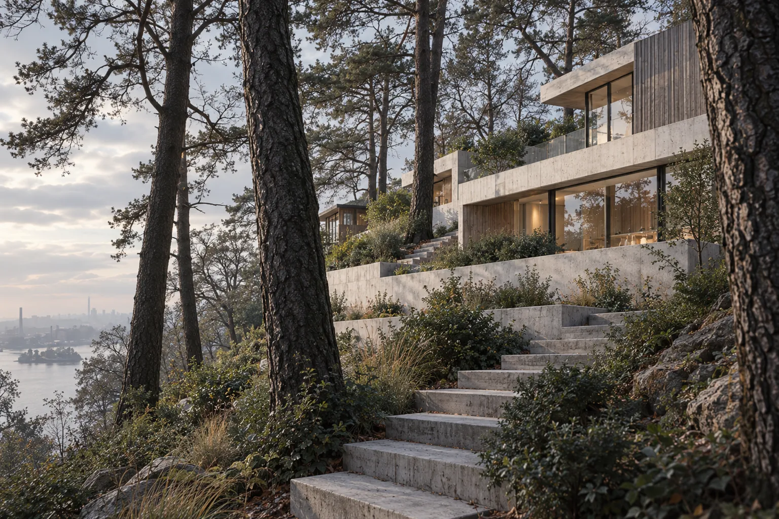 Die gestaffelten Terrassen und die Außentreppe des Hauses am Elbhang, von unten zwischen Baumstämmen gesehen