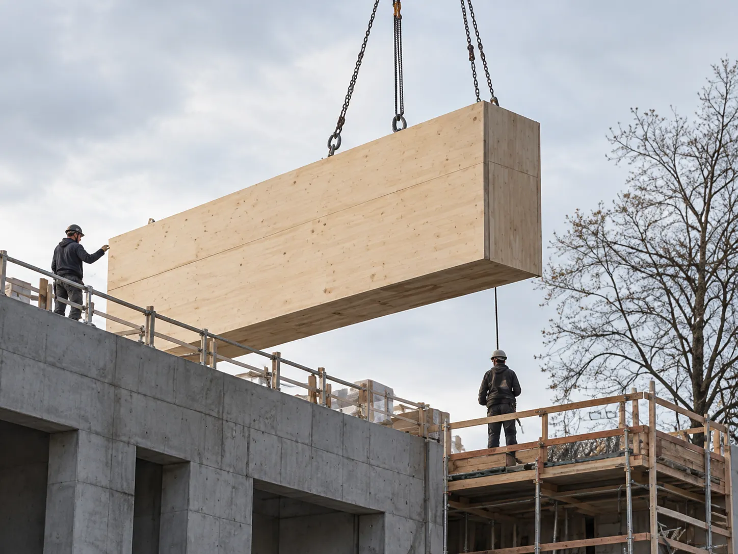 Ein vorgefertigtes Holzelement schwebt am Kran über dem Bestandsbau in Barmbek