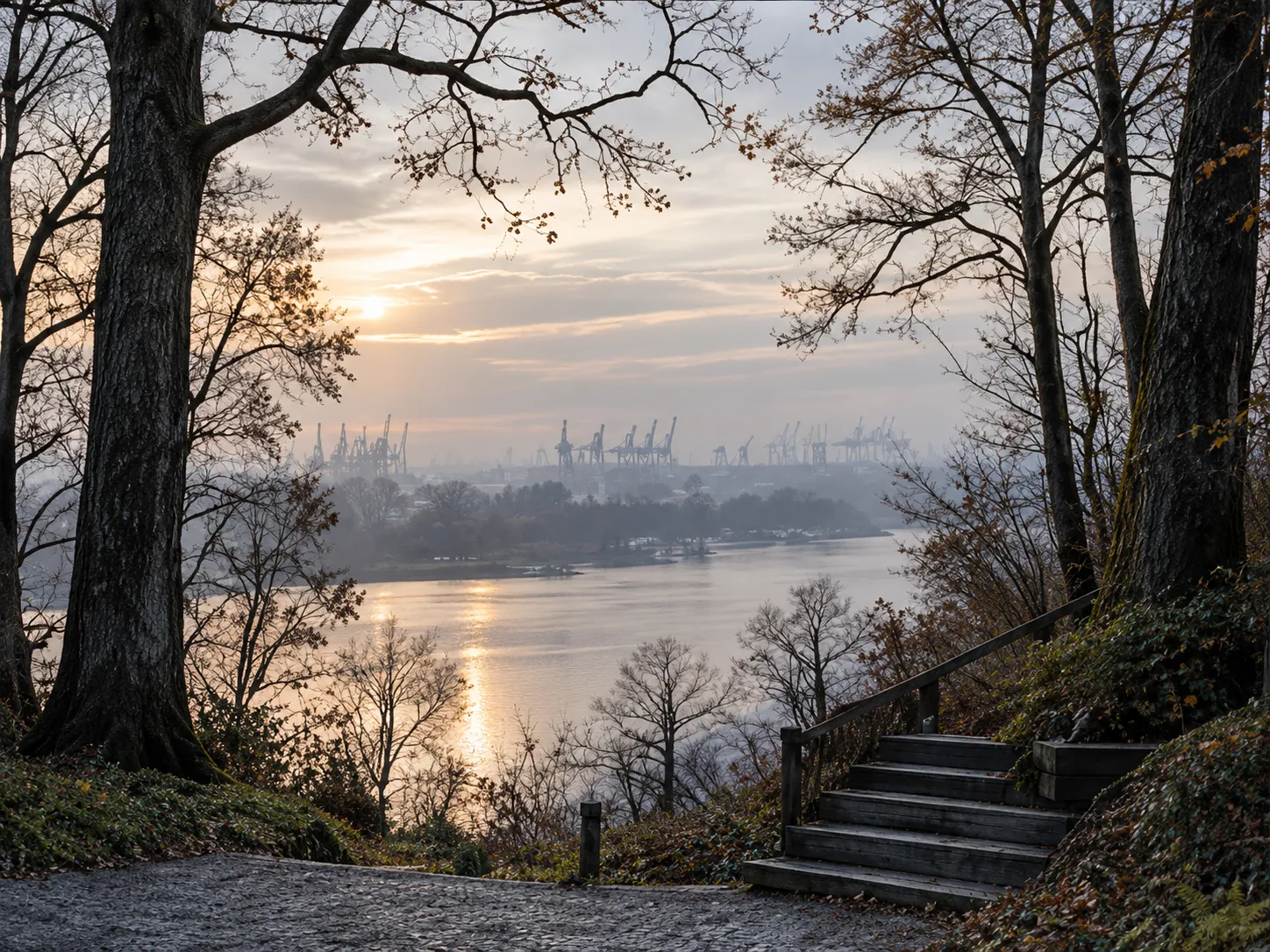 Nasse Baumstämme am Elbhang in Blankenese, dahinter der Fluss im Nebel