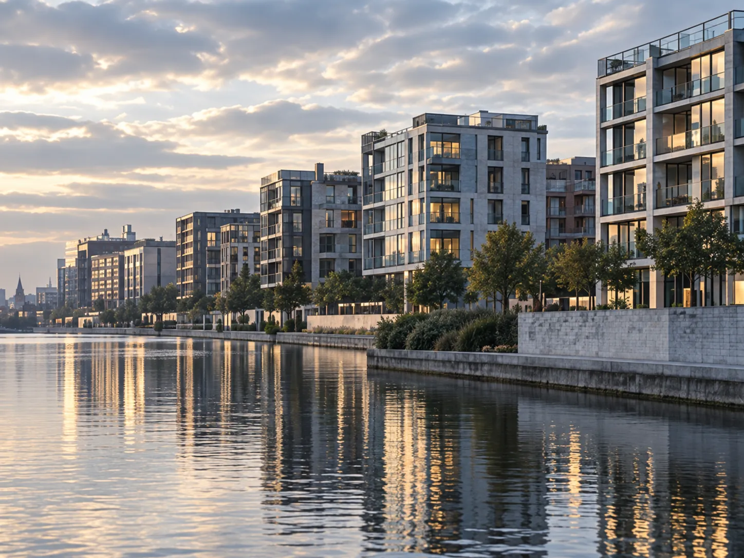 Helle Wohn- und Bürohäuser an einem Fleet in der HafenCity, ihr Licht im Wasser
