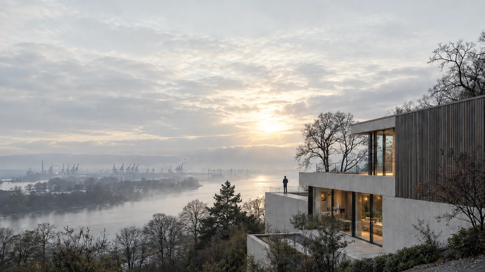 Ein Haus aus heller Lärche und weißem Sichtbeton am Elbhang, alte Bäume im Morgennebel, unten der Fluss