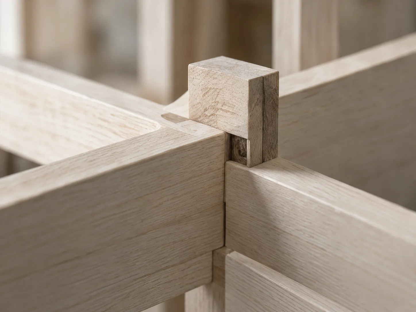 Eine Holzverbindung an einem Arbeitsmodell aus hellem Holz