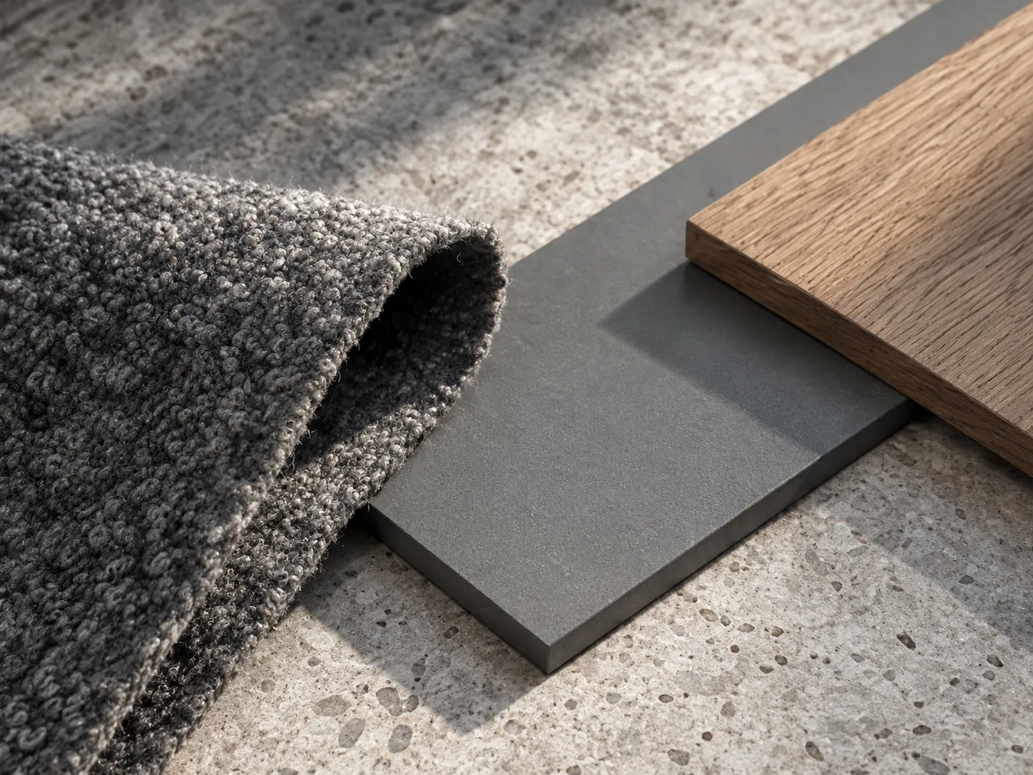 Gefalteter grauer Wollfilz neben Linoleum und einem Brett aus Eiche auf dem Modelltisch