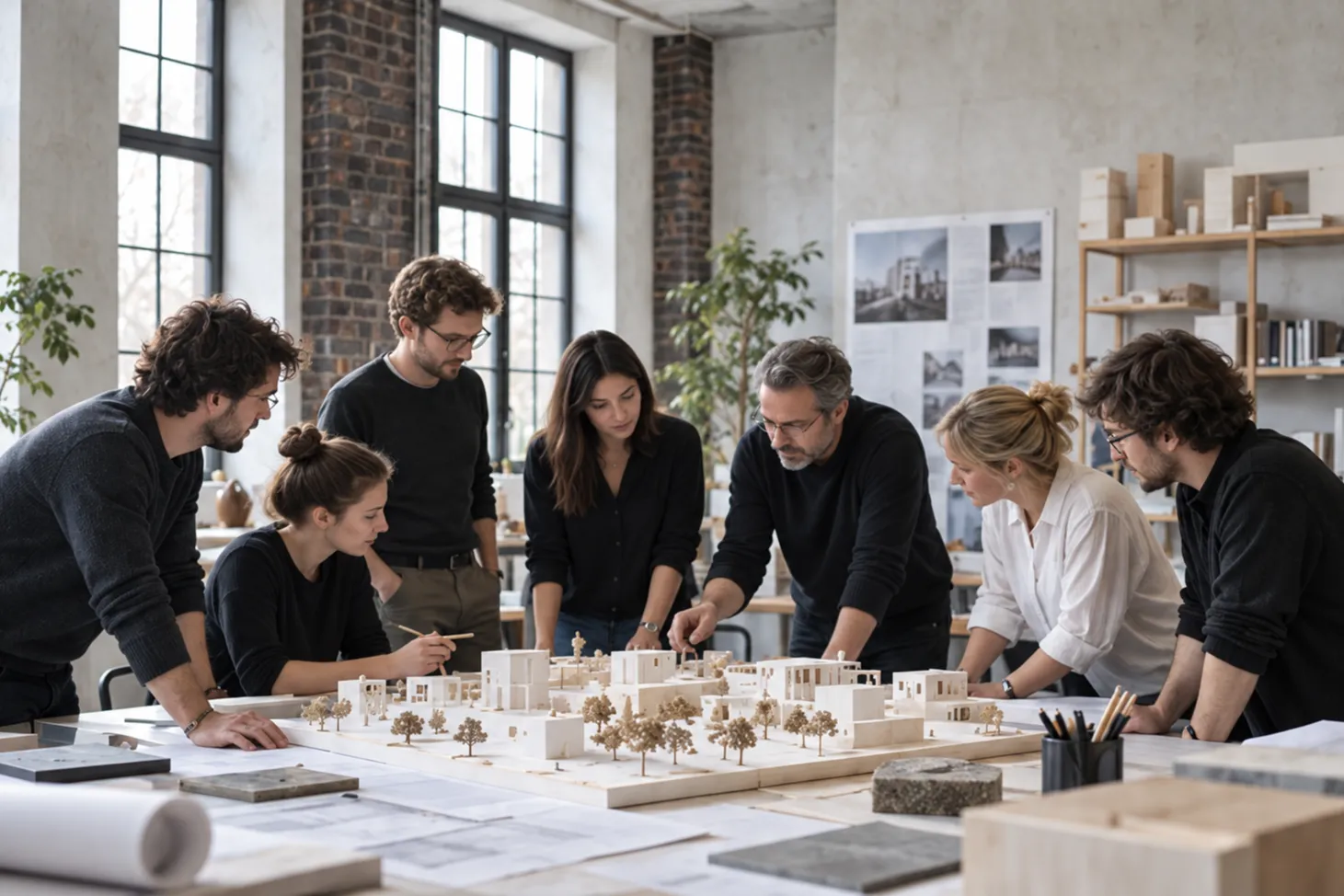 Das Team im hellen ehemaligen Kaffeelager um den großen Modelltisch mit weißen Arbeitsmodellen