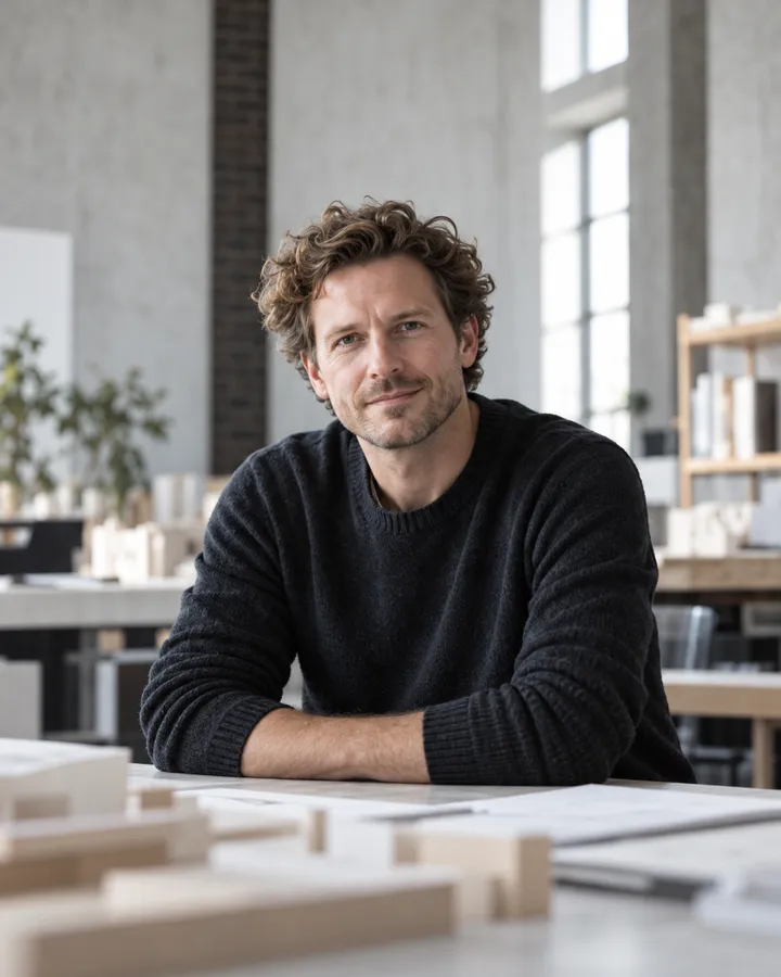Porträt von Henrik Lindqvist im Studio, dunkler Pullover, Tageslicht