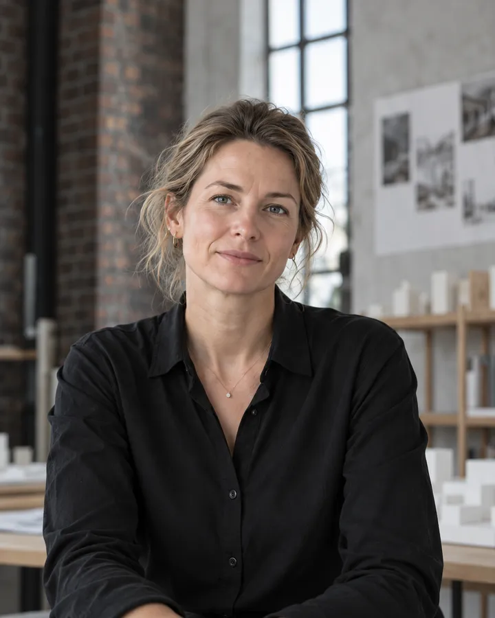 Porträt von Johanna Carstens im Studio, dunkle Bluse, Tageslicht