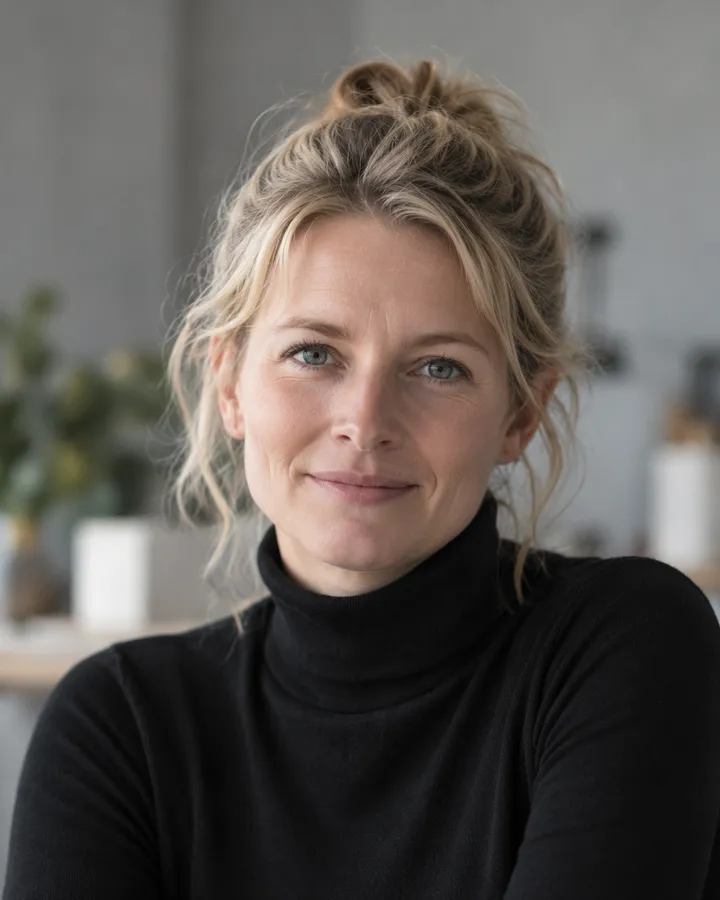 Porträt von Leonie Hartmann mit hochgestecktem blondem Haar und schwarzem Rollkragen