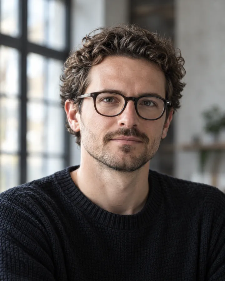 Porträt von Malte Sievers mit runder Brille vor heller Studiowand