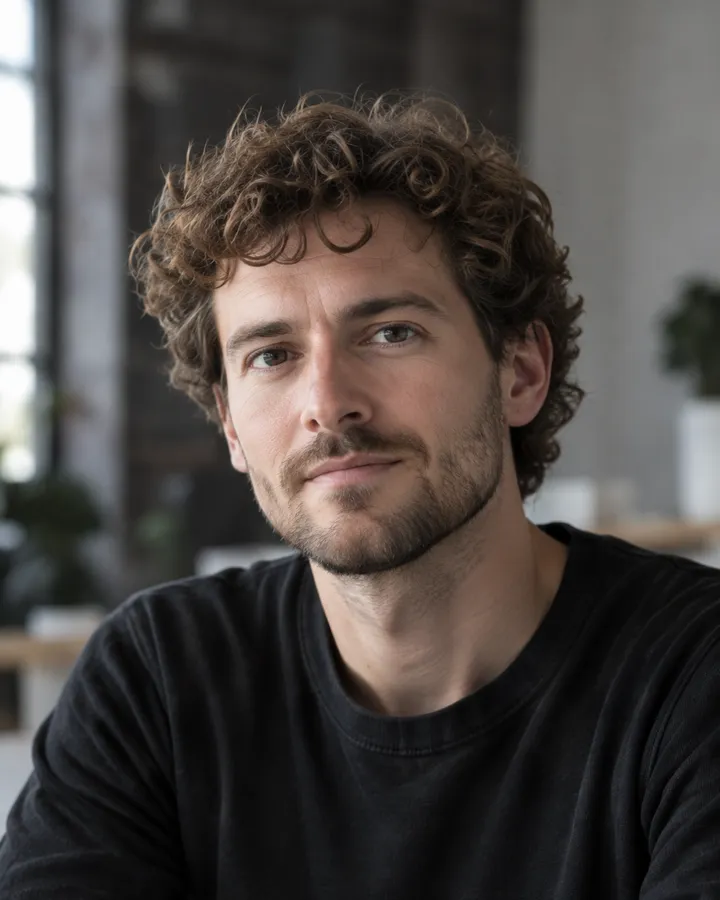 Porträt von Tobias Reimers mit lockigem Haar und Bart im hellen Studio