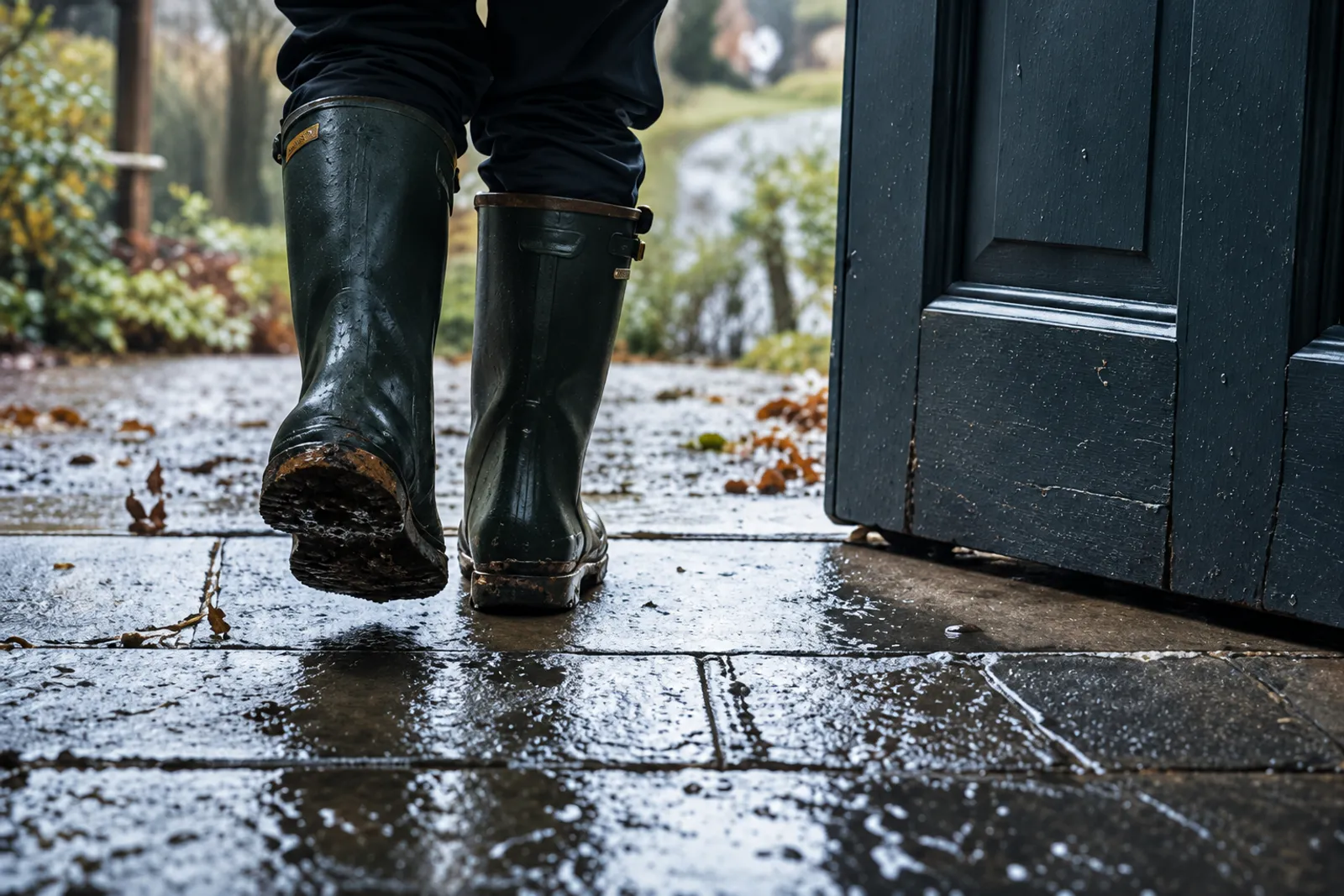 Small muddy wellies stepping over a wet flagstone threshold beside an open blue-green door